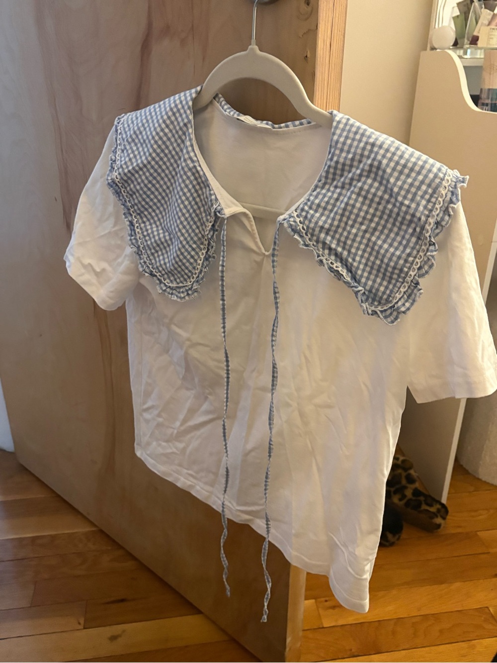 White Top with Blue Gingham Collar